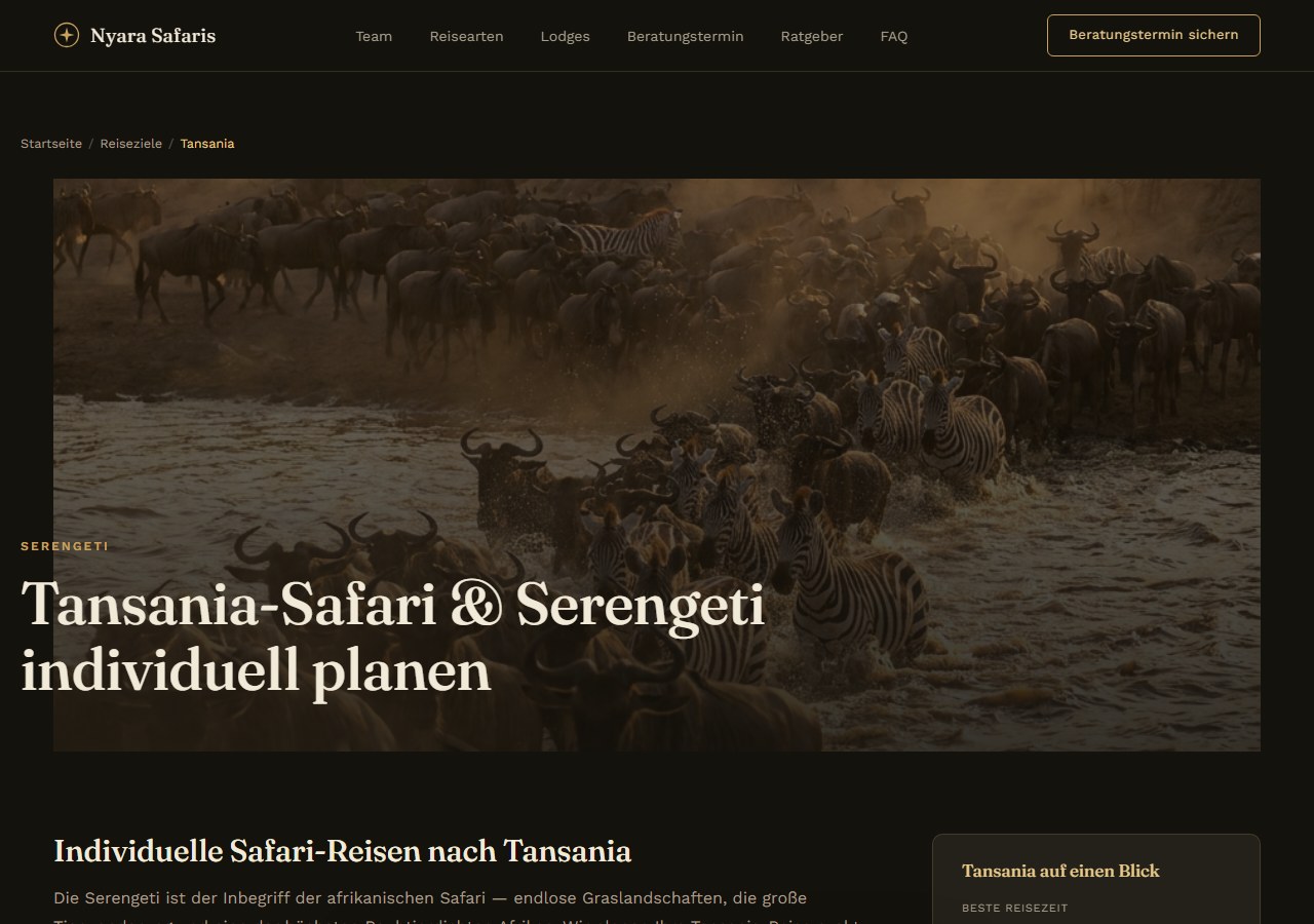 Beispiel SEO-Unterseite: Tansania-Safari & Serengeti